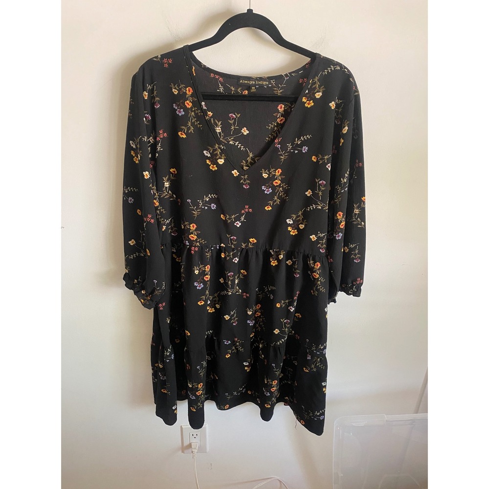 Always Indigo Womens‎ 3X Black Floral V-Neck Tiered Babydoll Dress XDS9020